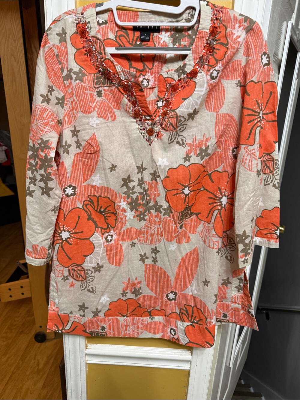Tribal Coral & Beige Floral Beaded V-Neck Tunic Top 3/4 sleeve 100% Cotton